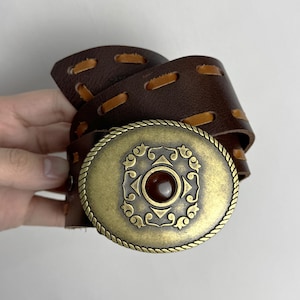 Vintage Western Leather Belt, Brown Wide Hippie Belt, Solid Brass Boho Belt, Cowgirl Rodeo Rustic Belt, Coachella Festival Outfit Accessory