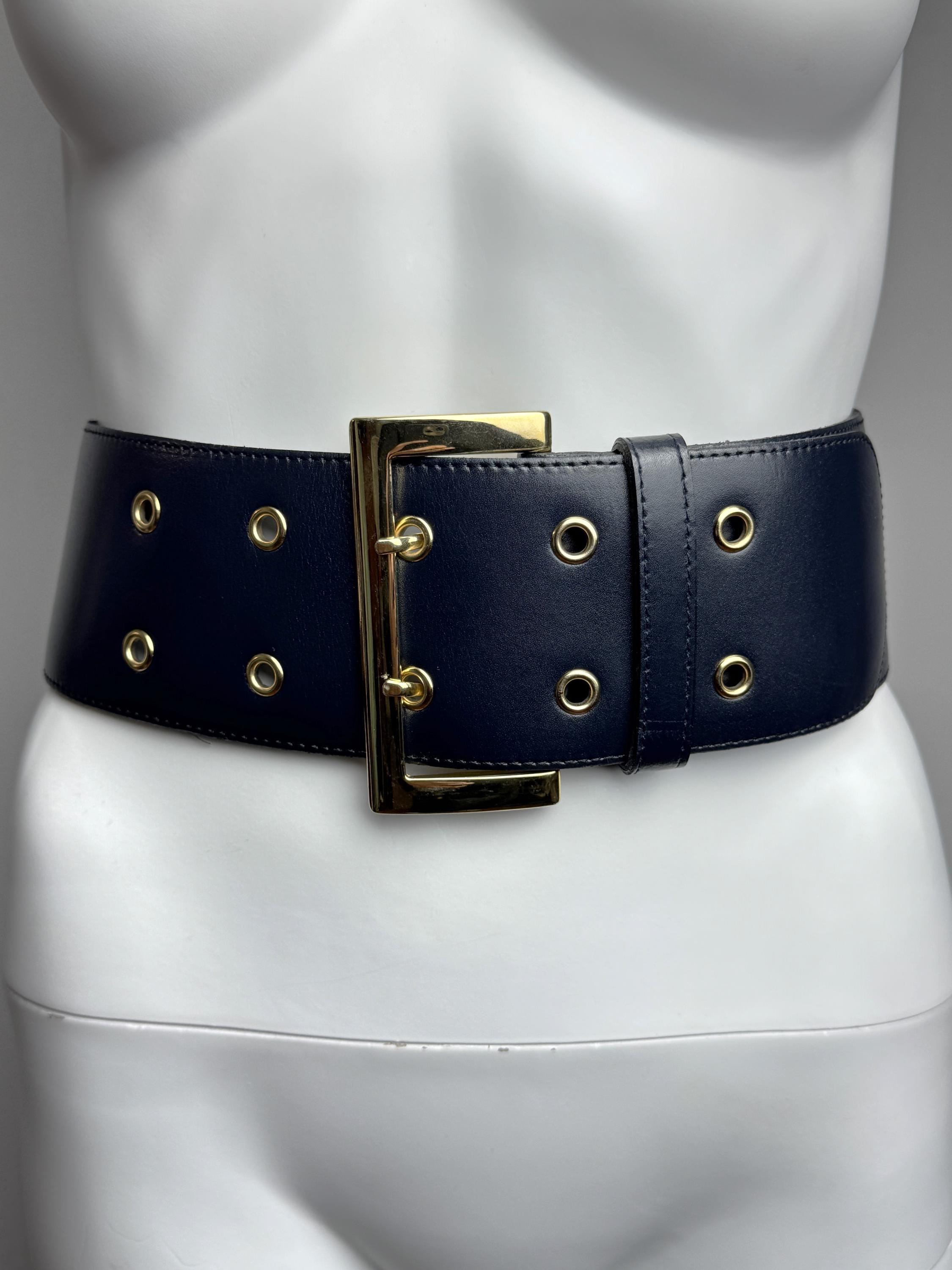 Genuine Leather Wide Belt, Navy Blue Gold Buckle Belt, 80s  display picture 3