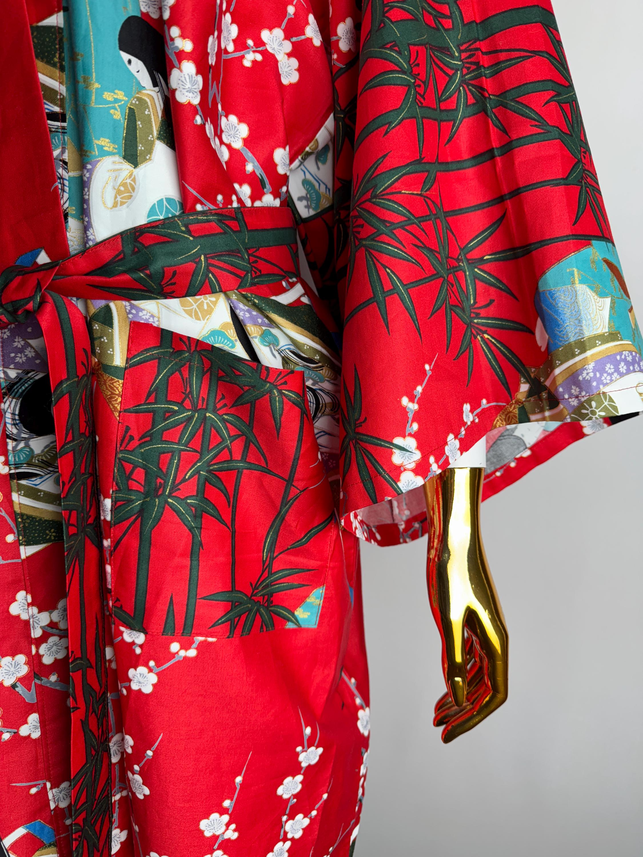 90s Sakura Print Kimono, Traditional Japanese Robe, Tie Belt Cotton ...