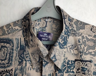 90s Thai Silk Shirt, Abstract Print Button Up, Mens Unique 90s Thai Silk Shirt, Abstract Print Button Up, Mens Unique