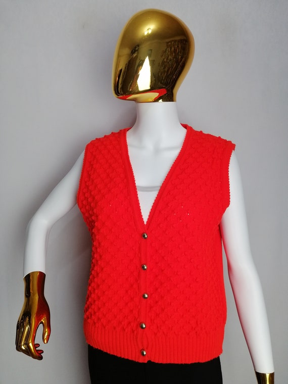 Dirndl Sleeveless Cardigan, 80s Austrian Red Knit… - image 7