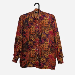 VINTAGE Womens Printed Blouse 80s Floral Psychedelic Viscose Synthetic Silk Long Sleeve Shirt Size L