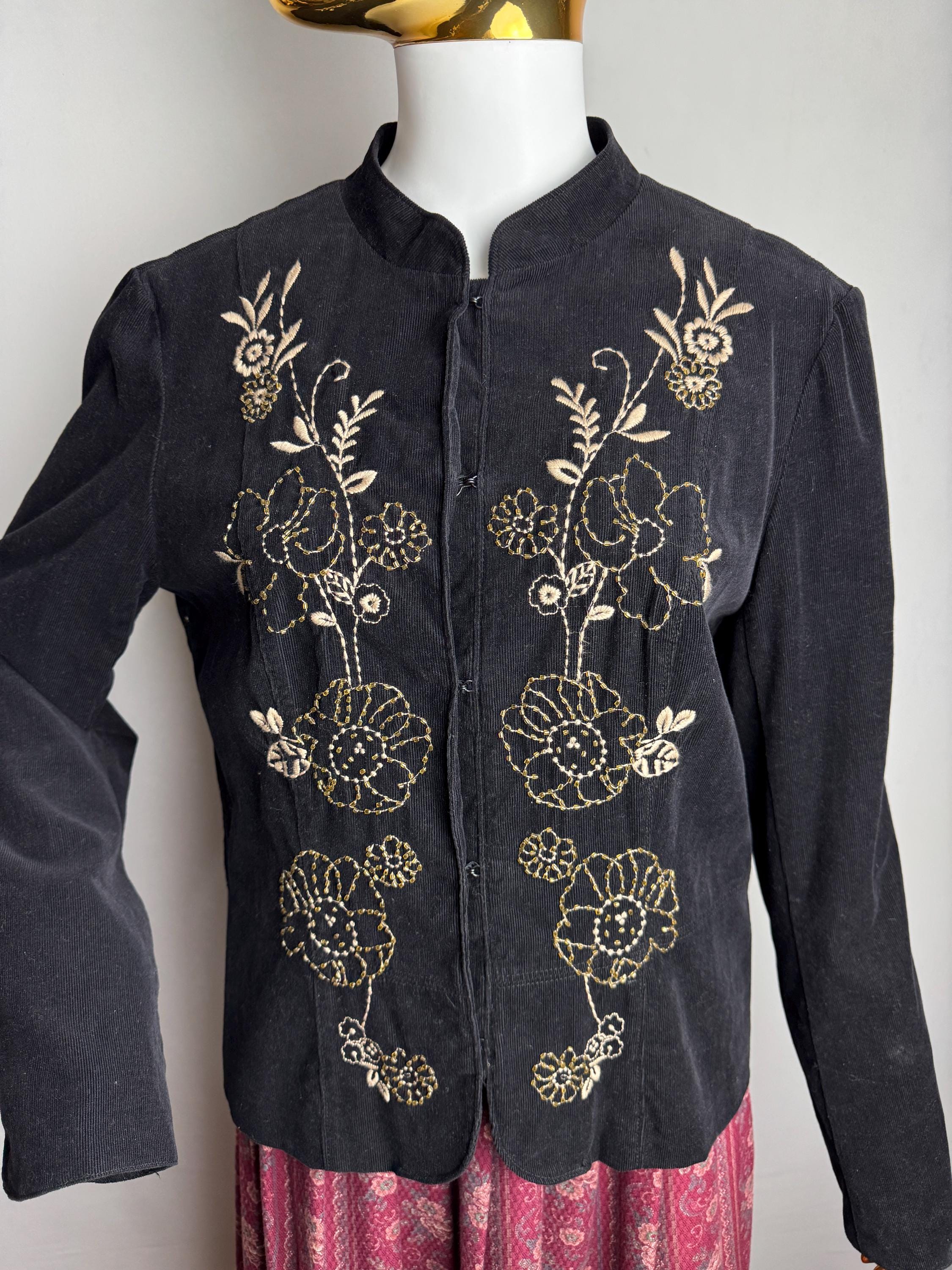 Floral Embroidery Corduroy Jacket, 90s Black Cotton Boho Jacket 