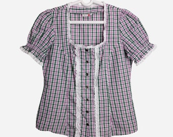 VINTAGE Dirndl Blusa Trachten Austriaco Tradicional Folk Top Mujer Oktoberfest Tirolesa Alemana Camisa Bávara Alemana