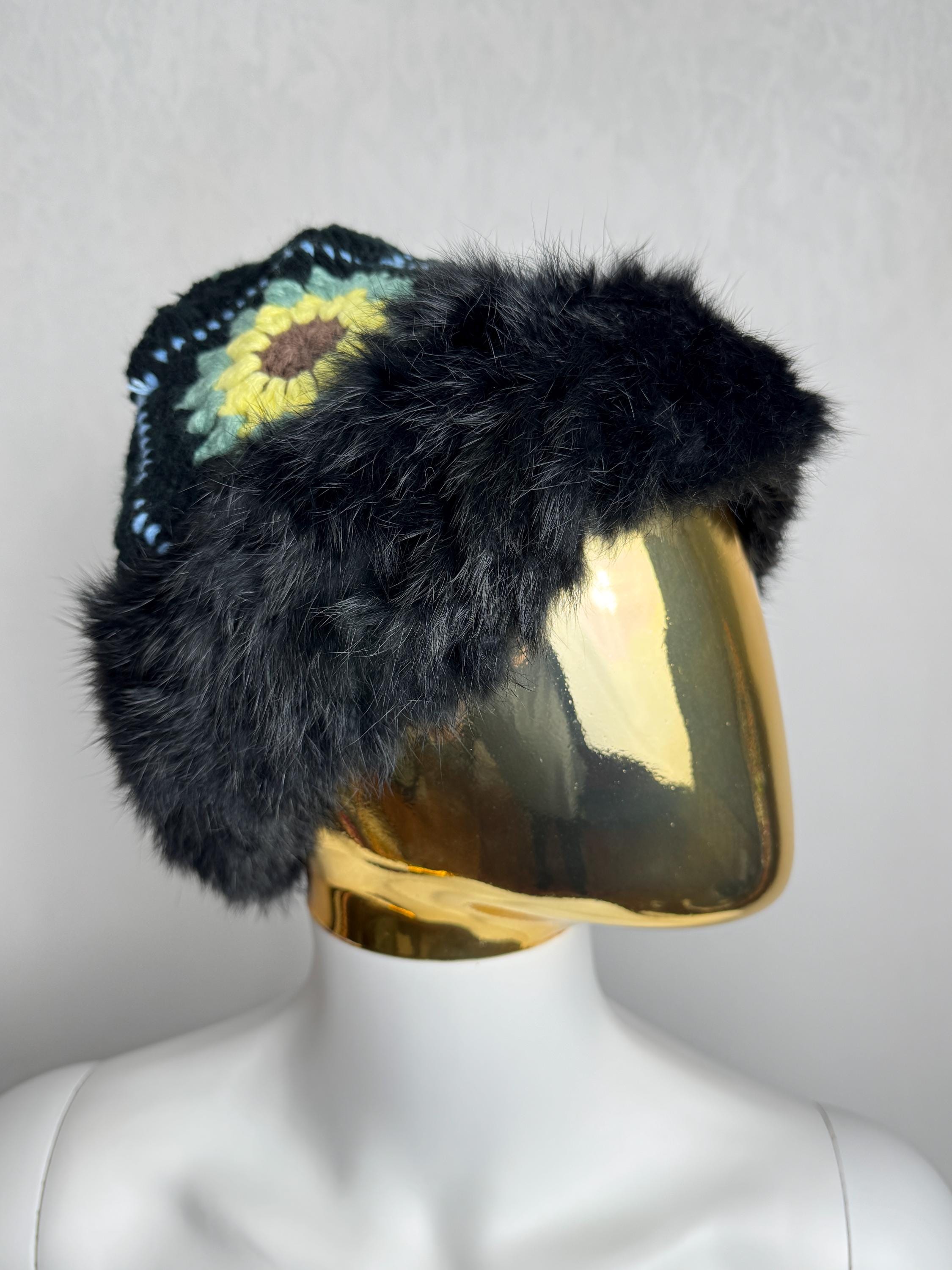 ヴィンテージクロシェスクエアバケットハット、ソフトフェイクファー