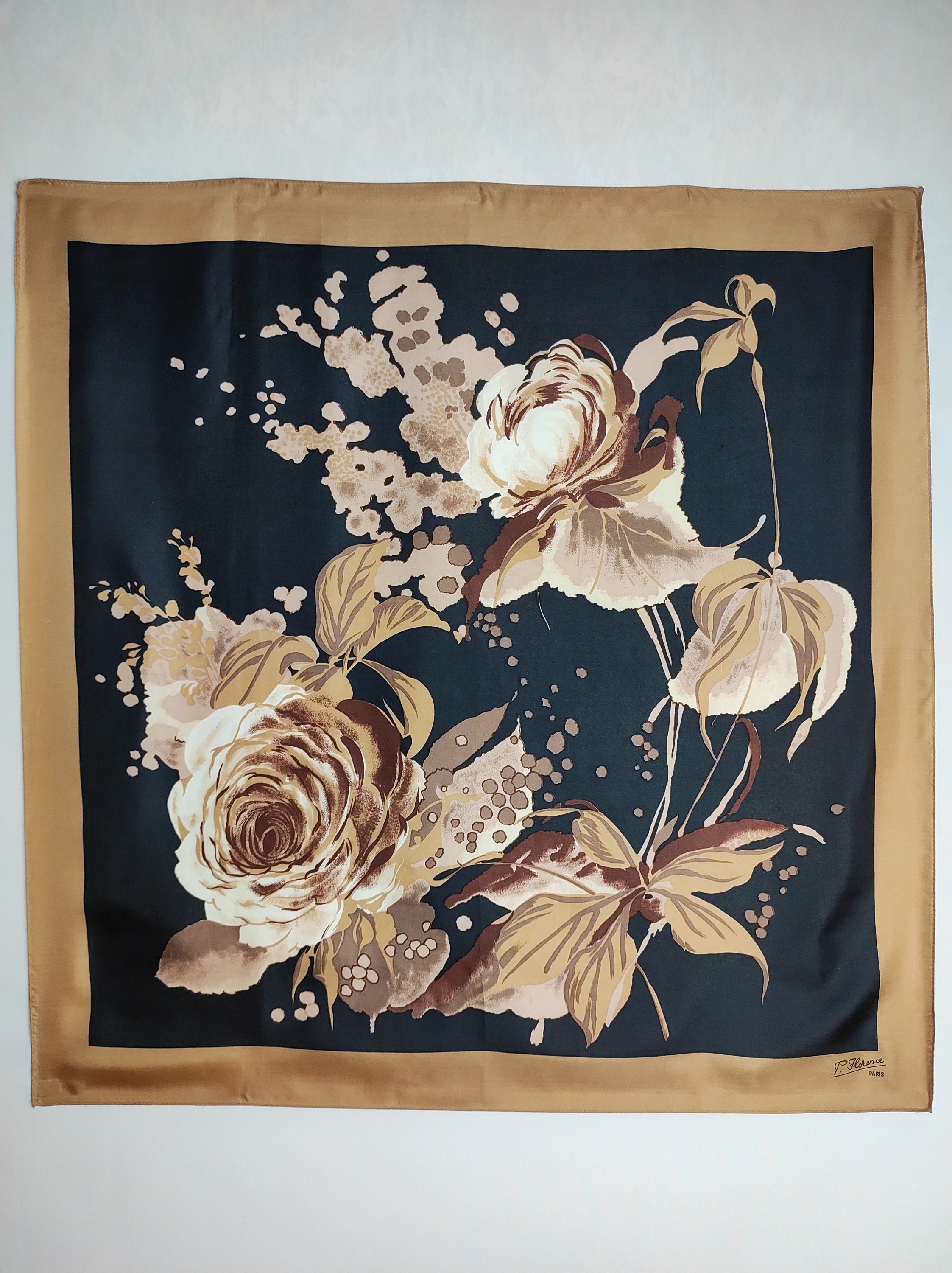 80s French Silk Scarf, Floral Print Square Scarf, Womens