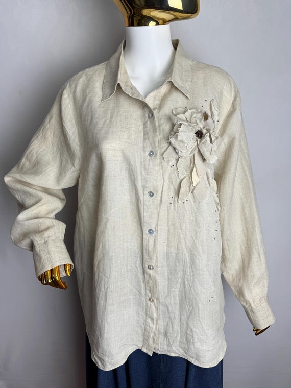 Vintage Irish Linen Shirt, Handmade Floral Applique Top, Natural Beige Pure Linen Blouse, Artisan Embellished Button Up, Relaxed Boho Shirt