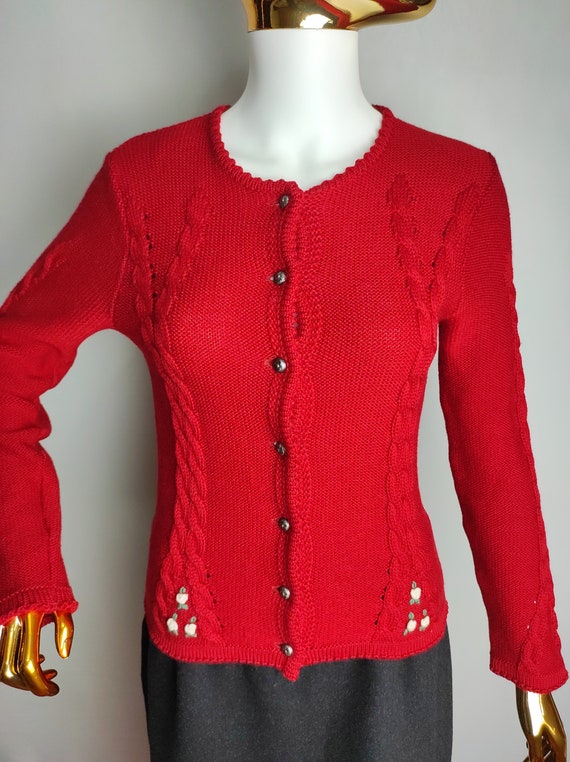Austrian Wool Knit Cardigan, Red Dirndl Cardigan Austrian Wool Knit Cardigan, Red Dirndl Cardigan
