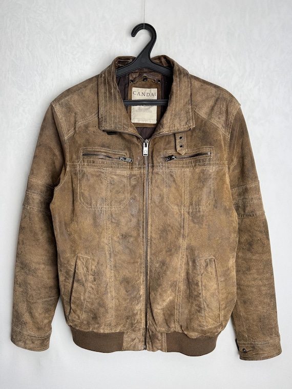 90s Mens Leather Jacket, Classic Biker Suede Jacket, Brown