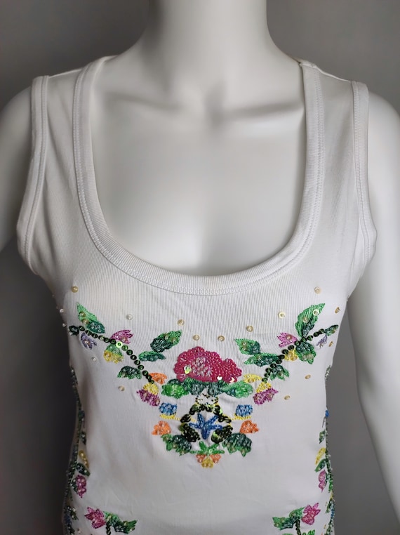 ESCADA Beaded Sequin Top, Floral Embroidery Cotton Tank Top ESCADA Beaded Sequin Top, Floral Embroidery Cotton Tank Top