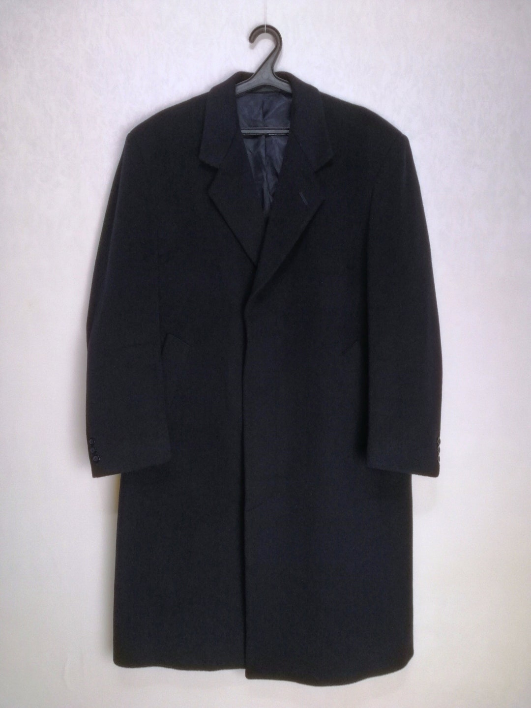 PETER JAMES Wool Cashmere Coat, Mens Single Breasted Overcoat, 80s Navy ...