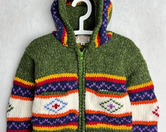 Peruvian Wool & Cotton Hoodie, Traditional Colorful Kids Sweater, Geometric Knit Inca Knitwear, Full Zip Hooded Cardigan, Ethnic Boho Jacket