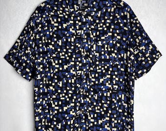 Camisa con estampado geométrico para hombre, camisa de algodón de manga corta de los años 90, camisa abstracta con botones, camisa psicodélica para festivales, camisa de verano retro estampada, M