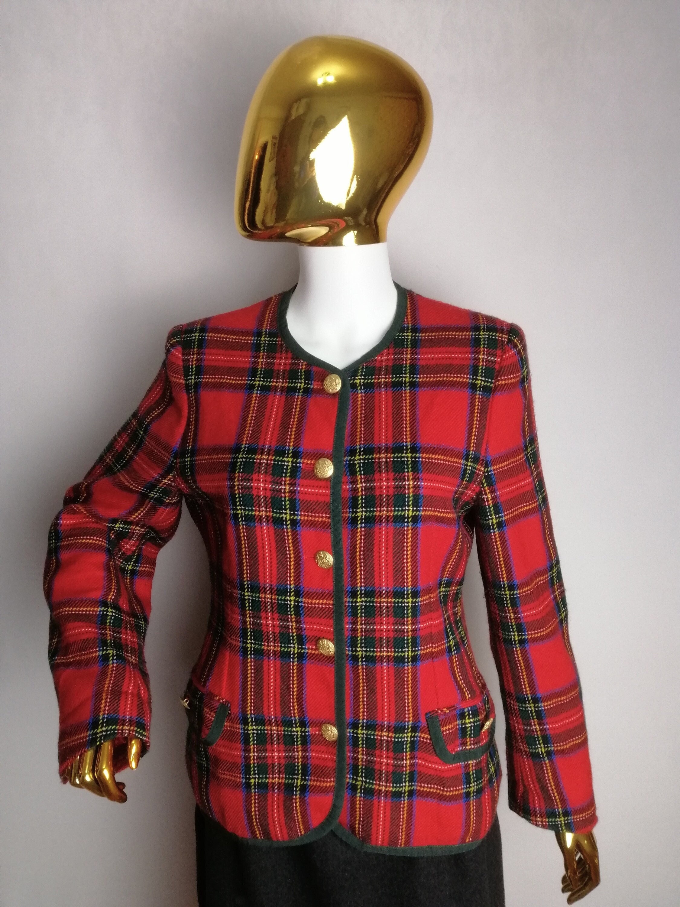Tartan Wool Jacket, 80s Vintage Plaid Blazer, Made in Italy Red