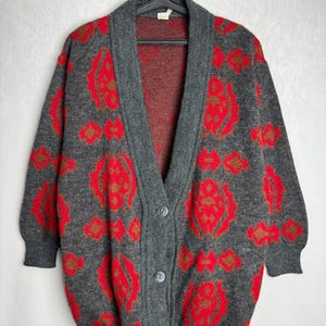 80s Wool Blend Cardigan, Oversized Cozy V-Neck Sweater, Ikat Pattern Boho Grandpa Sweater, Southwestern Chunky Retro Cardigan, Made In Italy