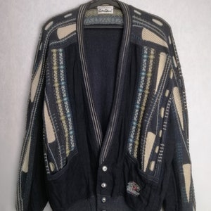 CARLO COLUCCI Cotton Cardigan, 80s Mens Cosby Sweater, Geometric Pattern Pullover, Oversized Grandpa Cardigan, Unisex Oldschool Sweater, XL