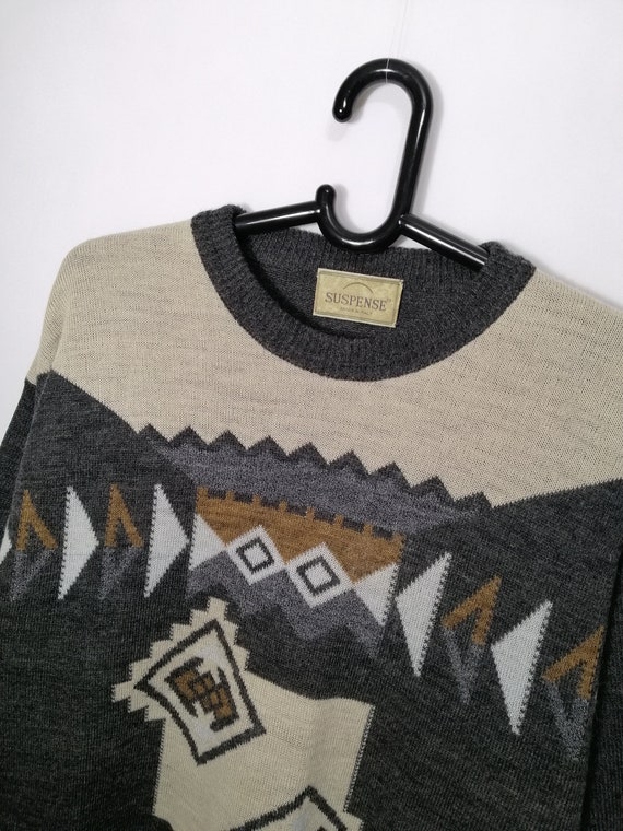 VINTAGE Mens Sweater 90s 80s Oversized Wool Geome… - image 5