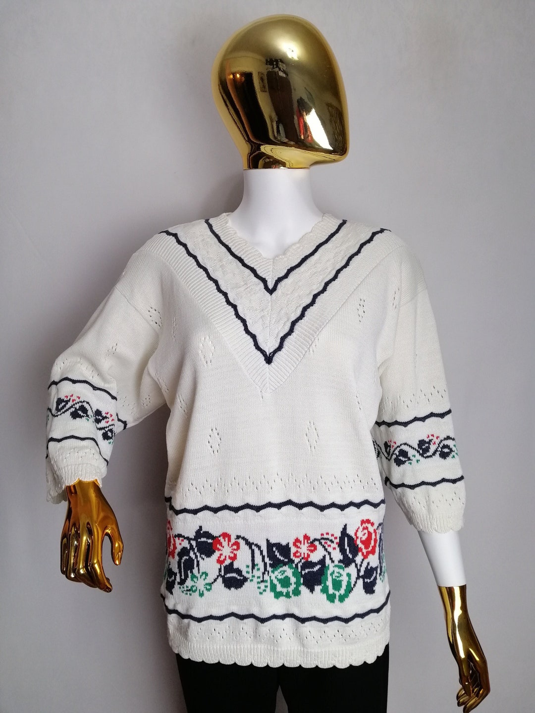 Vintage 80s 90s White Blue Etam Graphic Patterned Sweater Jumper Pullover L 16