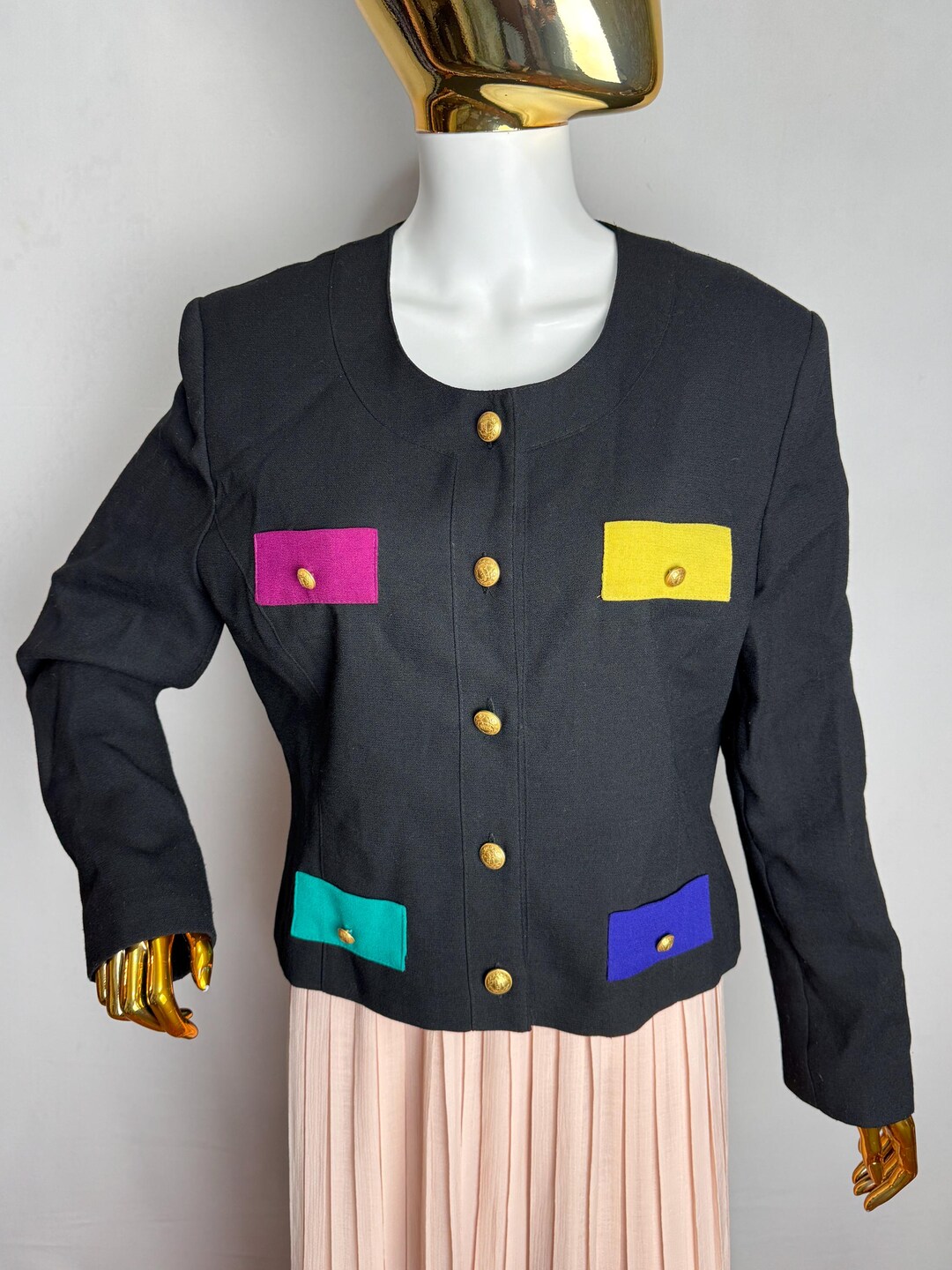 80s Colorblock Wool Blend Jacket, Multicolor Pocket Flaps Black Blazer ...
