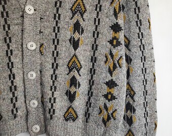 Mens Linen Blend Cardigan, Geometric Patterned Cardigan, 80s