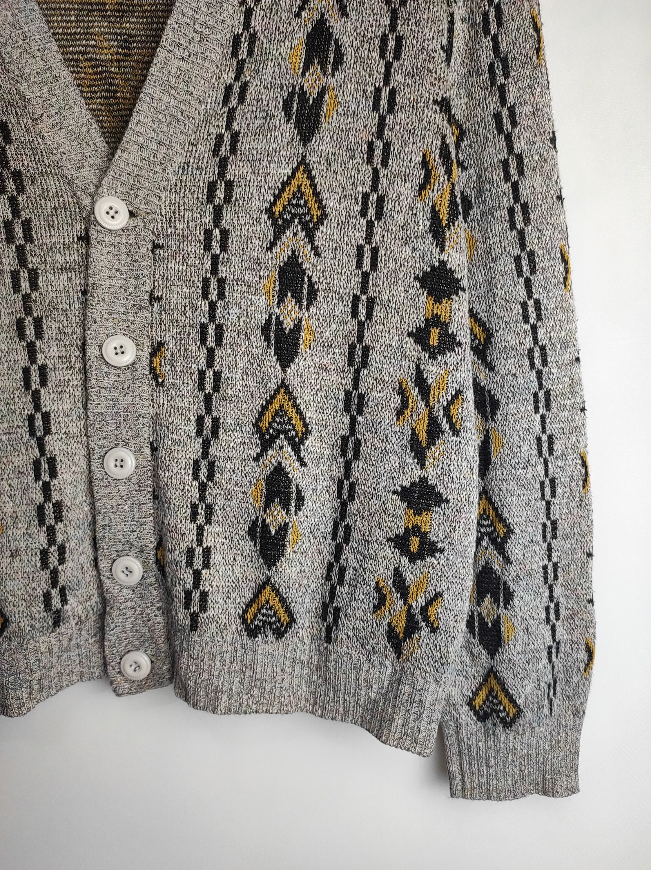Mens Linen Blend Cardigan, Geometric Patterned Cardigan, 80s