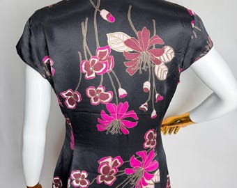 中国の花柄プリントブラウス、チャイナドレスチーパオシルクビスコース