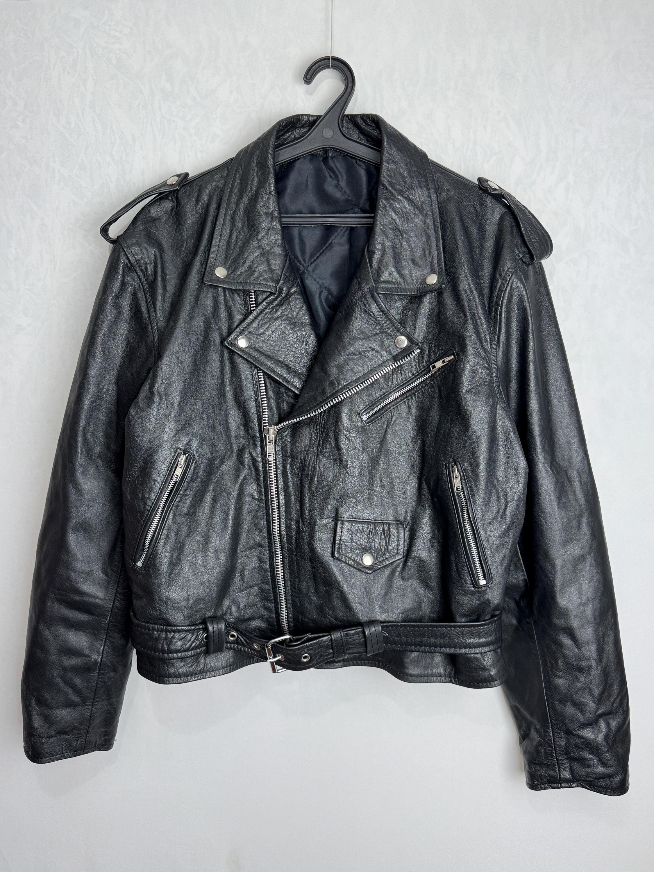 90s Mens Leather Jacket, Classic Biker Moto Jacket, Black