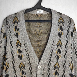 Vintage 80s Men's Grey Black & Brown Knit Cardigan M L