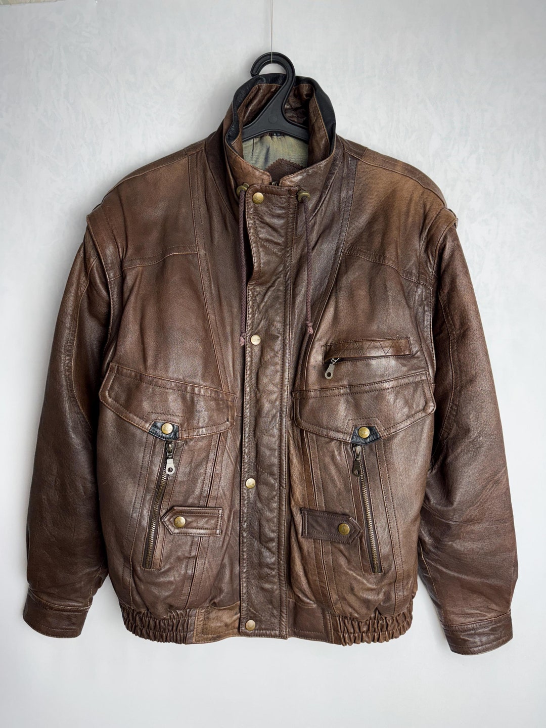 90s Mens Leather Jacket, Brown Motorcycle Jacket, Genuine Leather