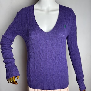 POLO RALPH LAUREN Women Wool Sweater, Cable Knit V-Neck Pullover, Classic Purple Preppy Style Sweater, Embroidered Logo Minimalist Jumper, M