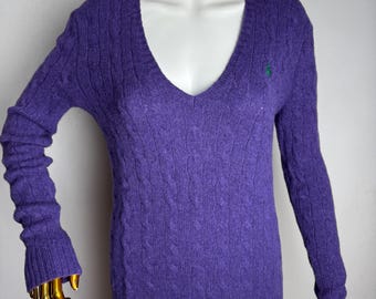 POLO RALPH LAUREN Women Wool Sweater, Cable Knit V-Neck Pullover, Classic Purple Preppy Style Sweater, Embroidered Logo Minimalist Jumper, M