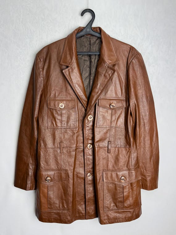 Vintage Mens Leather Jacket, 70s Style Leather Safari Jacket