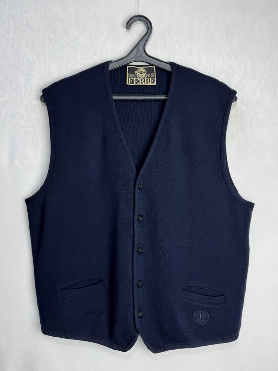 Gianfranco Ferré, GIANFRANCO FERRE Vintage Wool Knit Vest, Navy Blue Merino Wool Waistcoat, 80s Italian Designer Knitwear, Quiet Luxury Sleeveless Vest, XXL