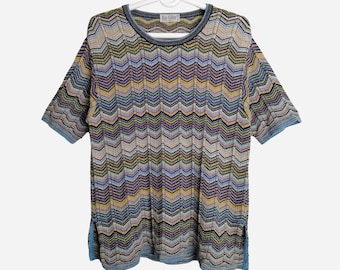 Made In Italy Vintage Womens Sweater 80s Wool Blend Geometric Patterned Jumper Colorful Short Sleeve Hipster Sweater