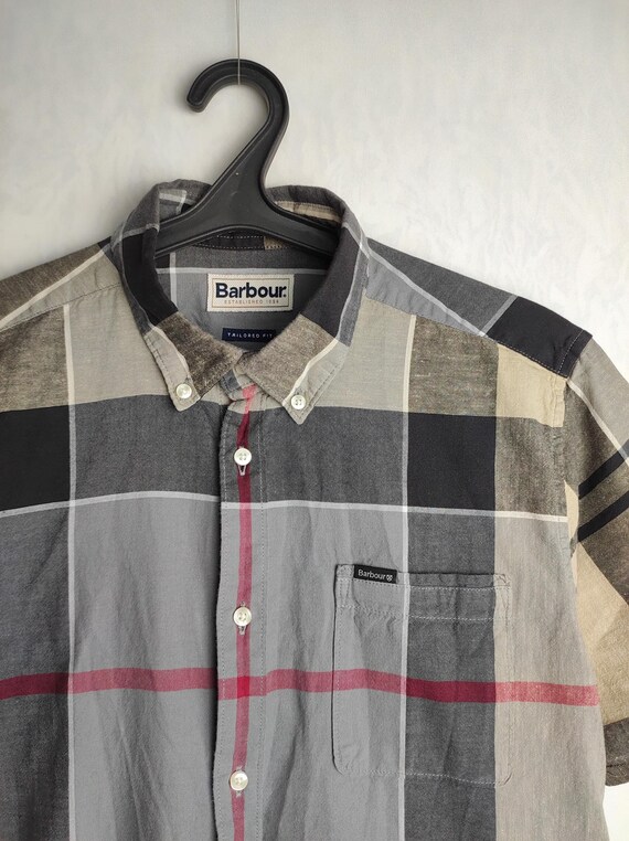 BARBOUR メンズ チェックシャツ、コットンリネン ボタンダウンシャツ