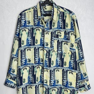 90s Mens Silk Shirt, Abstract Print Button Up, Psychedelic Pure Silk Shirt, Oversized Long Sleeve Shirt, Summer Vacation Floral Shirt, XL