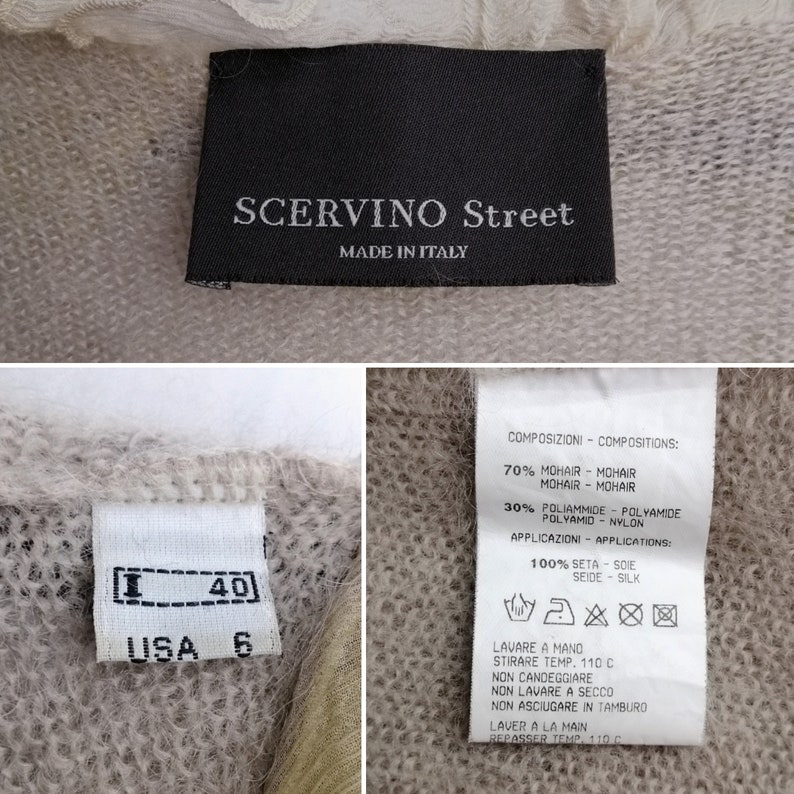 Puede incluir: Un su&eacute;ter beige de mezcla de mohair y poliamida con una etiqueta negra que dice "SCERVINO Street MADE IN ITALY". La etiqueta tambi&eacute;n incluye instrucciones de cuidado en italiano e ingl&eacute;s. El su&eacute;ter tiene una etiqueta de talla que dice "[40] USA 6".