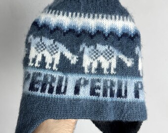 Vintage Peruvian Chullo Hat, Alpaca Ear Flap Winter Hat, Llama