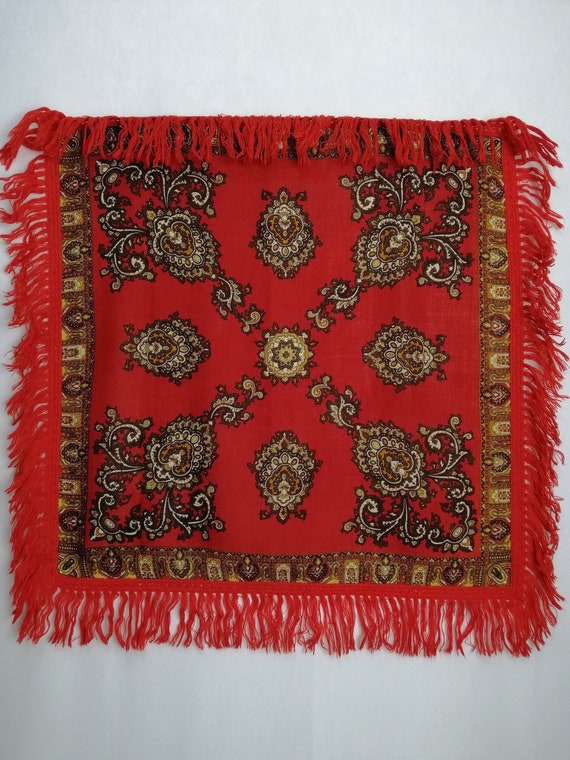 Vintage Wool Square Scarf, 80s Fringed Boho Scarf, Virgin Wool Neck Scarf, Russian Ukrainian Babushka Scarf, Winter Accessory Gift For Her