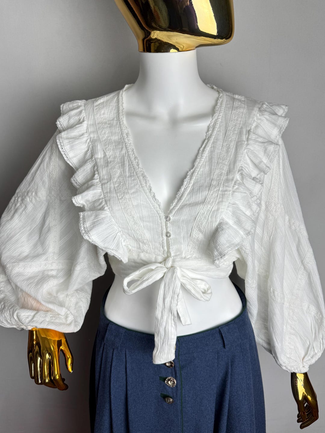 Ruffle Tie Waist Boho Top, White Lace Trim Blouse, Austrian Dirndl Crop ...