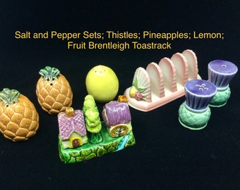 VINTAGE Salt and Pepper Sets; Pineapple Set; Lemon pepper; House and Mill Cruet; Purple Green Thistle Set; Toastrack Brentleigh Fruit ends