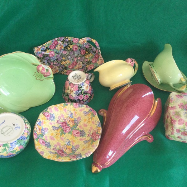 VINTAGE Royal Winton Chintz and Pastel China; Somerset ; Hazel; Welbeck; Marion; Maroon mottled Green and Yellow Pastelware Rosebud and Lily