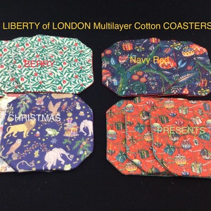 CHRISTMAS LIBERTY of LONDON 7 layers of cotton Coasters;  Removable heat resistant inserts;  Washable Sustainable; Luxury; Doubles as Hotpad