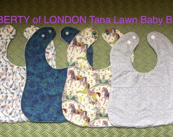 LIBERTY Tana Lawn w/ Bamboo Towelling Large Baby Bib Adjustable Snaps; Manhattan; Christmas; Berries; Music; Denim; Pale Grey; Horses;