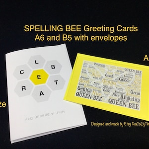 Cartes de vœux inspirées de SPELLING BEE ; Carte Célébrer ; Carte Reine des abeilles ; Achetez une paire de cartes ; Videz l'intérieur pour laisser un message à un fan de Spelling Bee