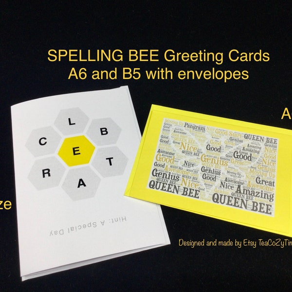 SPELLING BEE inspired greeting cards; Celebrate Card; Queen Bee Card; Buy a single card or a pair of cards; Blank inside for your message.