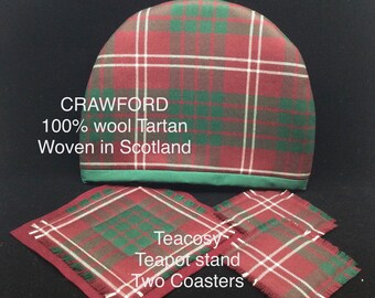 CRAWFORD wollen tartan theemutsset met theemuts / theemuts theepotstandaard en twee drielaagse onderzetters; Slechts 1 gemaakt; Speciale set met vier items; GESCHENK