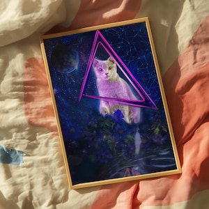 Psychedelisches Katzenposter | Lustige Y2K Wandkunst | Geschenk für Katzenliebhaber | Weltraumkunst Katze