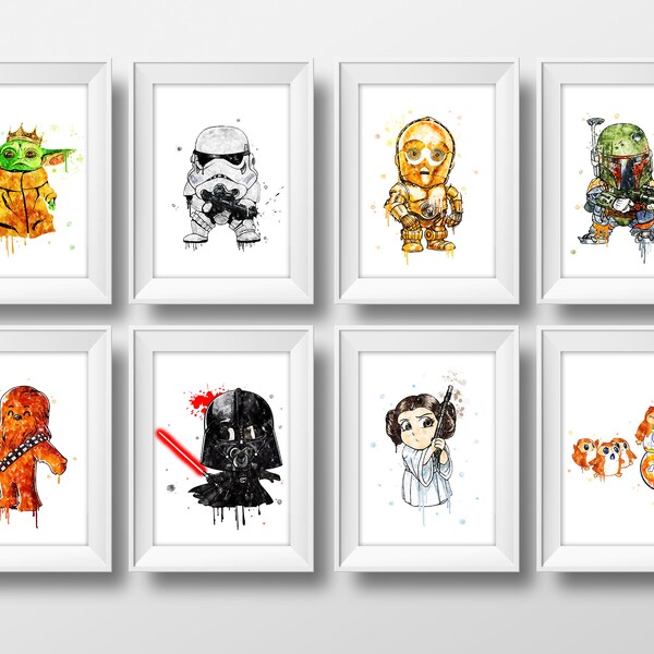 Star Wars Set 8 Star Wars Watercolor Star Wars Print Darth Vader Poster BB8 Porg Chewbacca Princess Leia Yoda Boba Fett C3PO Poster Nursery