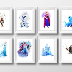 Frozen 8 Prints Set, Frozen Watercolor Print, Frozen Printable Poster, Frozen Wall Decor, Girls Birthday Party Gift Ideas,Girl Room Wall Art